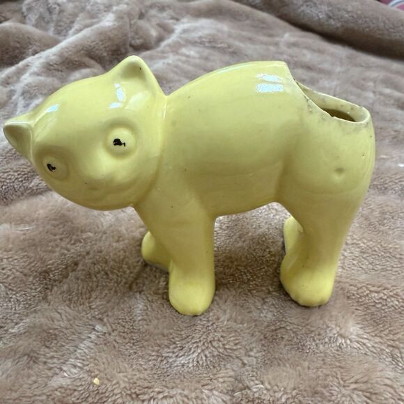 Old Cat Planter 4” Black Eyes Surprised Scared Vintage Ached Back MCM MIJ Yellow - Picture 8 of 8
